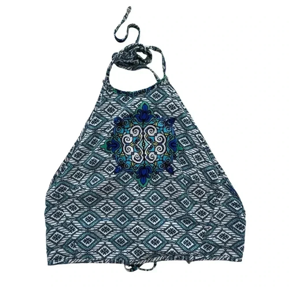 PacSun Blue and White geometric boho halter backless shirt Top Small